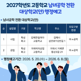 2027학년도 고등학교 남녀공학 전환 대상학교(안) 행정예고(새창)